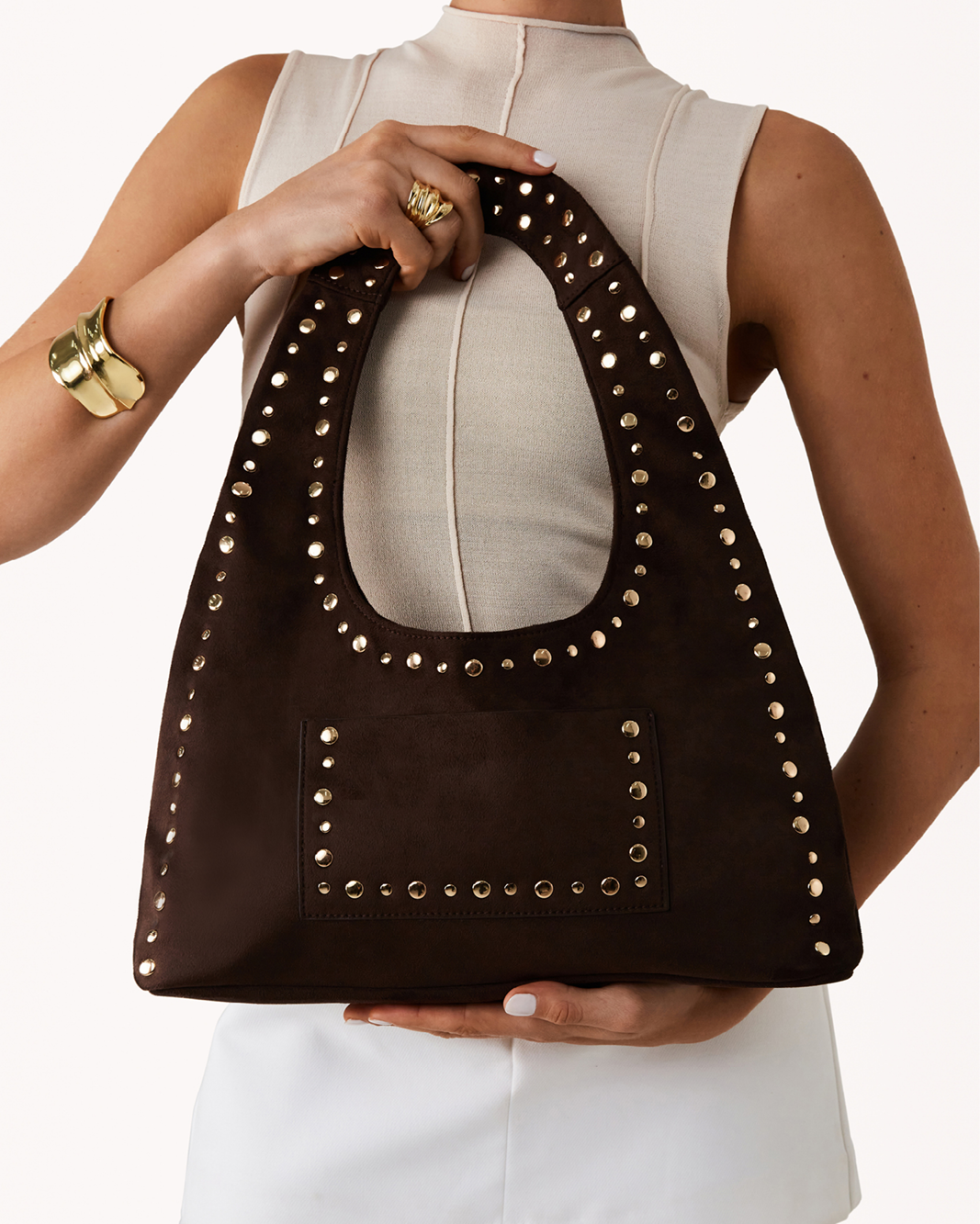 NOAH SHOULDER BAG - DARK CACAO SUEDE-GOLD-Handbags-Billini-Billini