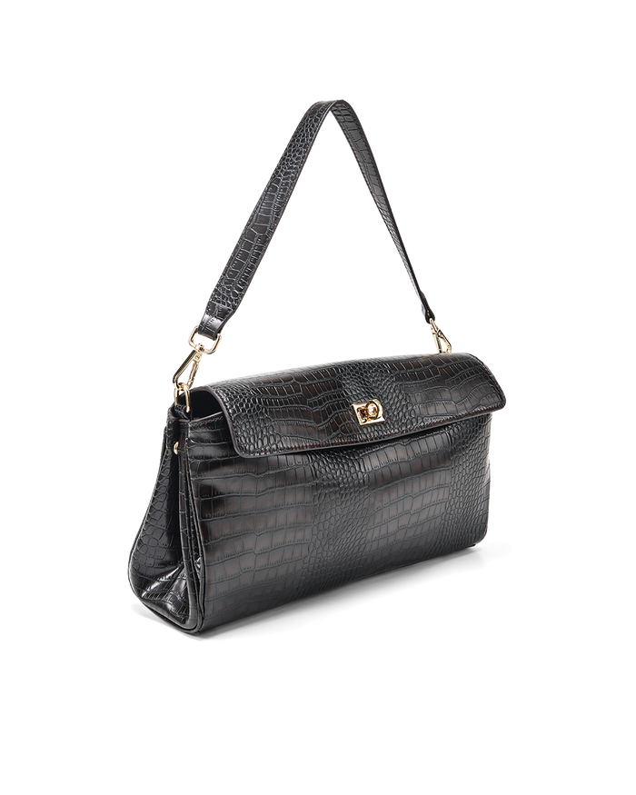 VELA SHOULDER BAG - CHOCOLATE CROC-GOLD-Handbags-Billini-Billini